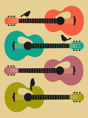 Template Design Poster with acoustic guitar silhouette. Hand drawn string musical instrument. Live Music Festival show promotion advertisement. Seasonal event background vector vintage illustration