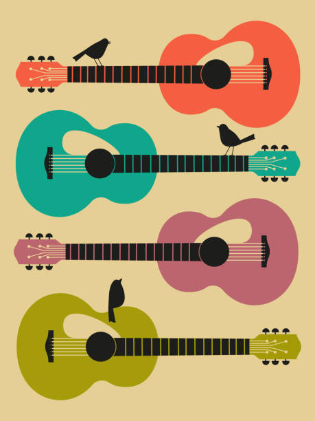 Acoustic guitar hand drawn flat retro color musical vector Template Design Poster with acoustic guitar silhouette. Hand drawn string musical instrument. Live Music Festival show promotion advertisement. Seasonal event background vector vintage illustration acoustic guitar stock illustrations