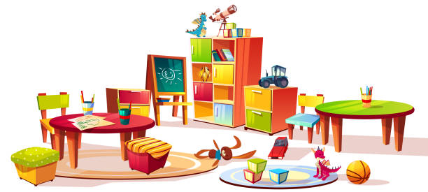 ilustraciones, imágenes clip art, dibujos animados e iconos de stock de ilustración vectorial de muebles de jardín de infantes - classroom education chair carpet