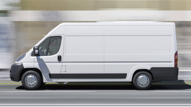 Daytime Rendering of a White Delivery Van on the Move stock photo