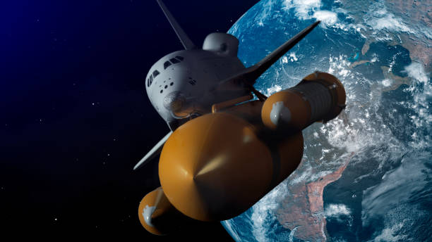 istock Space Shuttle In Space. Planet earth on background. 3d illustration 1174279729