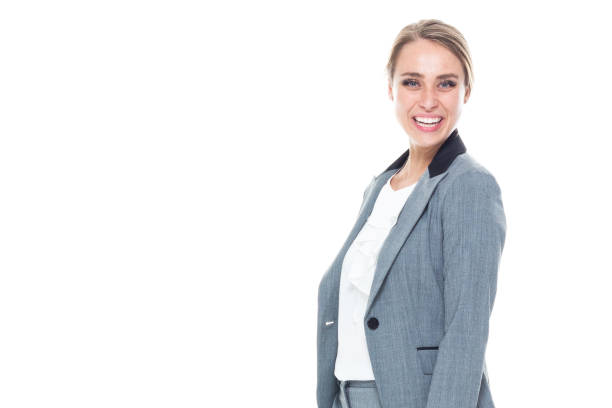 Smart attractive young businesswoman on white background - smiling