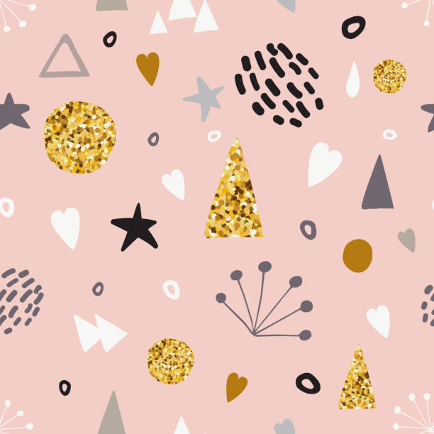 ilustrações de stock, clip art, desenhos animados e ícones de vector seamless pattern with decorative golden, pink, grey hand drawn elements - scrap gold illustrations