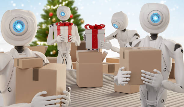 Christmas presents logistics pack gifts ready to ship with autonomous robots 3d-illustration stock photo