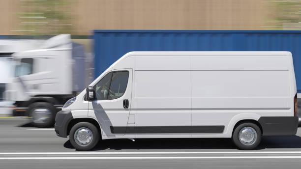 istock White Delivery Van Beside a Container Truck in Broad Daylight 1174286802
