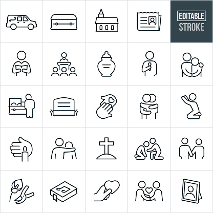 A set of funeral icons that include editable strokes or outlines using the EPS vector file. The icons include a hearse, casket, church, obituary, pastor, eulogy, urn, speaker, person with arm around the shoulder of another person, person grieving, deceased, headstone, helping hand, two people hugging, person praying, candle vigil, grave, gravesite, two people holding hands, flowers, song book, condolences and a picture frame to name a few.
