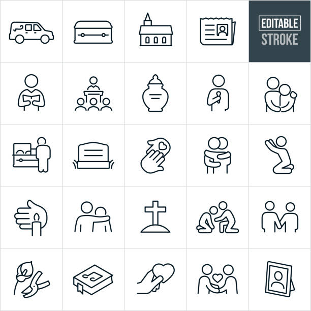Funeral Thin Line Icons - Ediatable Stroke A set of funeral icons that include editable strokes or outlines using the EPS vector file. The icons include a hearse, casket, church, obituary, pastor, eulogy, urn, speaker, person with arm around the shoulder of another person, person grieving, deceased, headstone, helping hand, two people hugging, person praying, candle vigil, grave, gravesite, two people holding hands, flowers, song book, condolences and a picture frame to name a few. place of burial stock illustrations