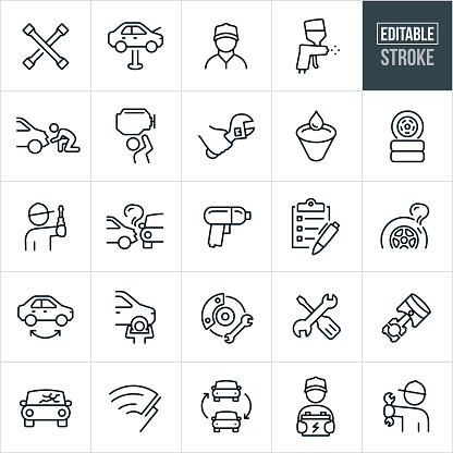 A set of car repair icons that include editable strokes or outlines using the EPS vector file. The icons include mechanics, tire iron, car being repaired, car on hoist, mechanic wearing baseball cap, paint sprayer, damaged vehicle, car engine, mechanic fixing car, wrench, oil change, tires, work tools, car crash, impact wrench, checklist, flat tire, tire rotation, tire install, brakes, piston, cracked windshield, windshield wipers, car battery and other car repair related icons.