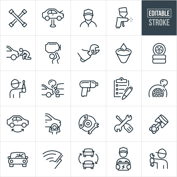 Car Repair Thin Line Icons - Ediatable Stroke A set of car repair icons that include editable strokes or outlines using the EPS vector file. The icons include mechanics, tire iron, car being repaired, car on hoist, mechanic wearing baseball cap, paint sprayer, damaged vehicle, car engine, mechanic fixing car, wrench, oil change, tires, work tools, car crash, impact wrench, checklist, flat tire, tire rotation, tire install, brakes, piston, cracked windshield, windshield wipers, car battery and other car repair related icons. brake stock illustrations
