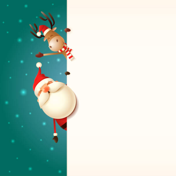 illustrazioni stock, clip art, cartoni animati e icone di tendenza di modello di biglietto d'auguri natalizio. babbo natale e renne che sbirciano dietro a bordo sfondo innevato - naso rosso
