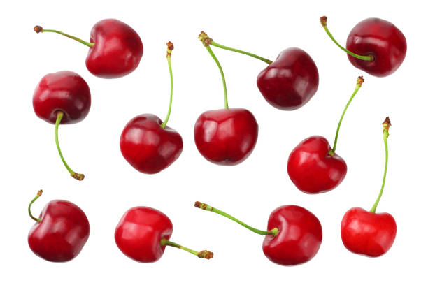 istock red cherry isolated on a white background. Top view 1174291527
