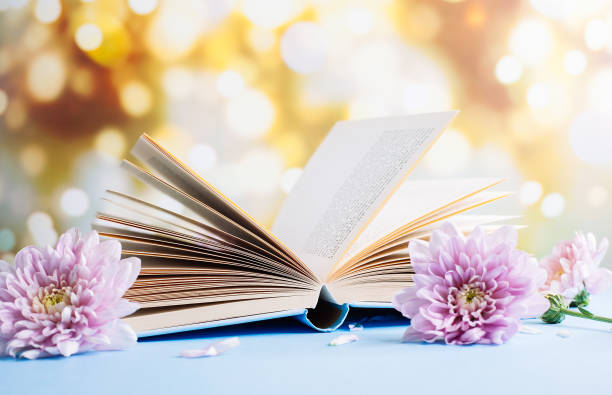 istock Opened old book with chrysanthemum flower on blurred bokeh background 1174291732