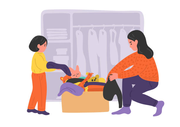 Mother and daughter putting away things from wardrobe to cardboard box. Vector illustration.