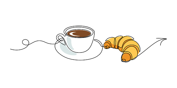 Invitation for coffee cup with croissant. Continuous line art drawing style. Vector illustration