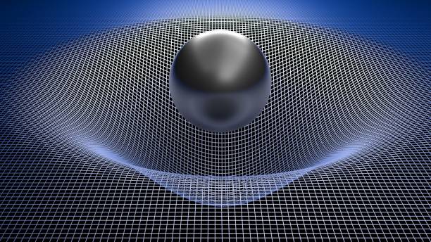 Black glossy sphere over a curved grid - 3D rendering illustration stock photo