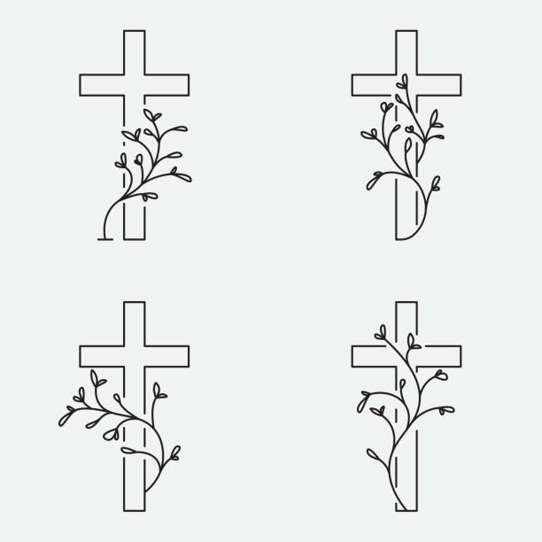illustrazioni stock, clip art, cartoni animati e icone di tendenza di collezione incrociata, disegno funebre con fiori - cross ornate catholicism cross shape