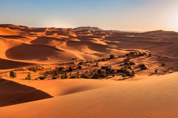 砂とエルグチェビ砂漠、メルズーガ、モロッコ、北アフリカ - landscape desert wave pattern erg chebbi dunes ストックフォトと画像