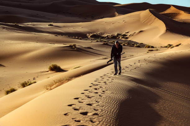 мужчина, игуя по песч�аным дюнам, утром, эрг чебби, марокко, северная африка - landscape desert wave pattern erg chebbi dunes стоковые фото и изображения