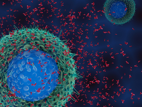 3d render of antibodies attacking cancer cells