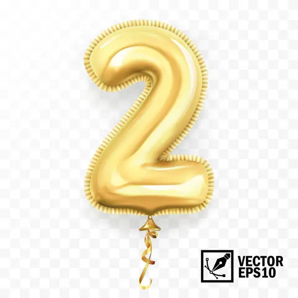 Vector illustration of 3d realistic isolated vector with number two, 2, gold helium balloon for your design decoration, party, birthday, ads