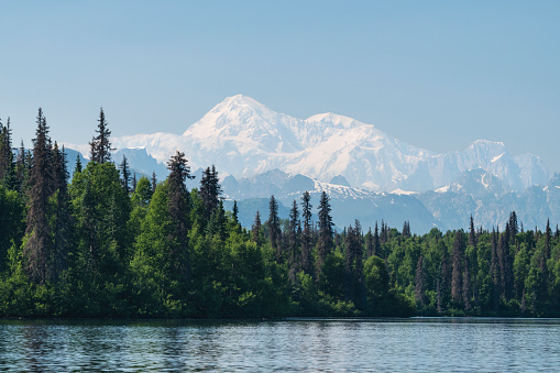 Denali on a beautiful day. Mt Denali is the highest mountain in North America. View from Byers Lake, Alaska.