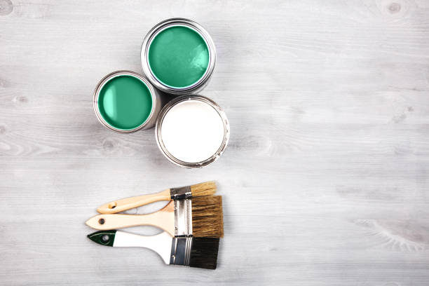 istock green paint cans and colored brushes on white background 1174303479