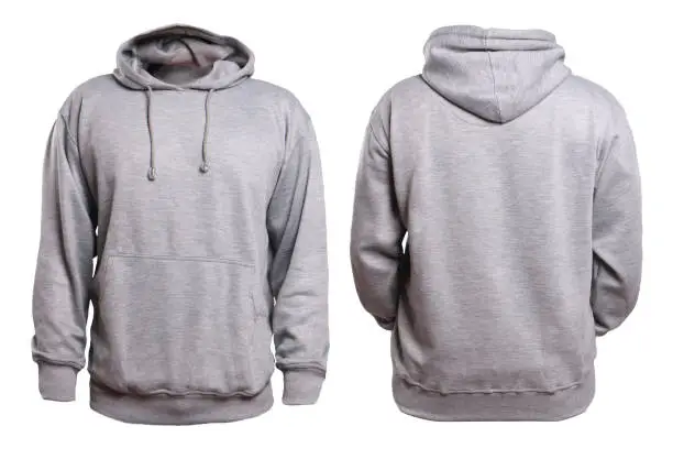 Blank sweatshirt mock up, front, and back view, isolated on white. Plain gray hoodie mockup. Hoody design presentation. Jumper for print. Blank clothes sweat shirt sweater