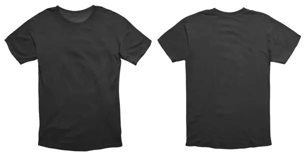 Blank black shirt mock up template, front and back view, isolated on white, plain t-shirt mockup. Tee sweater sweatshirt design presentation for print.