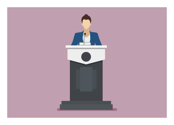 Female speaker giving speech on a podium. Simple flat illustration simple illustration of a female speaker standing and giving speech on a podium governor stock illustrations