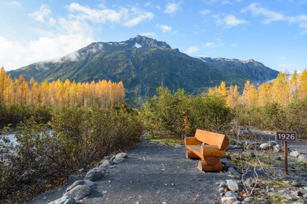 Sign 1926 on the Exit Glacier trial. It shows where the glacier was in 1926. A visible indicator of glacial recession due to climate change. Kenai Fjords National Park, Seward, Alaska, United States