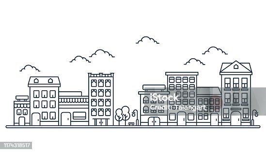 istock City skyline in line art style, Landscape with houses, trees and clouds in white background for real estate and property banner 1174318517