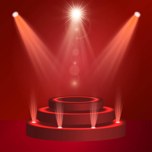 istock Red podium with fame spotlight vector illumination. Winner or product presentation concept illustration. Luxurious, high class stage, award ceremony. Projector rays of scarlet light on the scene. 1174318662