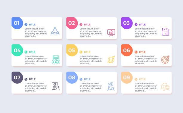 ilustraciones, imágenes clip art, dibujos animados e iconos de stock de diagrama infográfico vectorial. plantilla para negocios, presentaciones, web con 9 pasos de opciones - 9