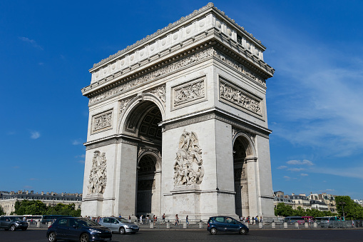 PARIS, FRANCE - JUNE 23, 2017: View of the famous Triumphal Arch. The Arc de Triomphe honours those who fought and died for France in the French Revolutionary and Napoleonic Wars.