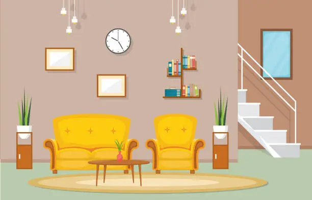 Vector illustration of Luxury Deluxe Living Room Penthouse Apartment Interior Furniture Vector Illustration
