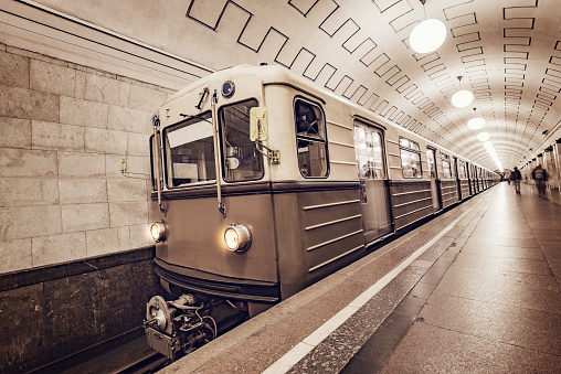 Retro subway train stands by the platform. Moscow. Russia.