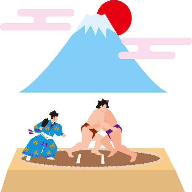 ilustrações, clipart, desenhos animados e ícones de sumo e mt. fuji. imagem japonesa. material do vetor - sumo