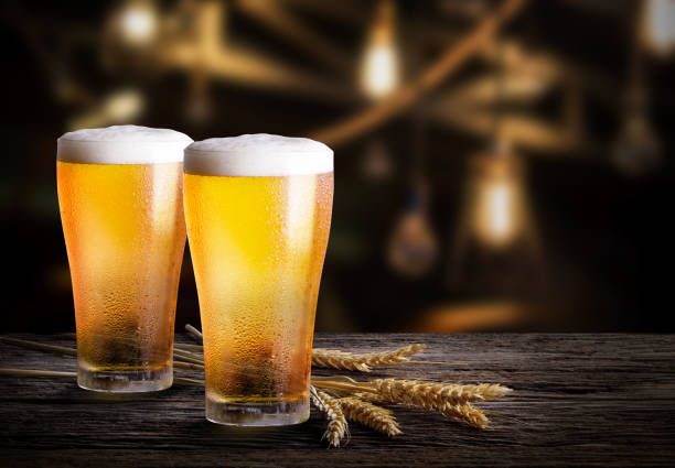 gafas de cerveza ligera con cebada en el bar. dos vasos de cerveza con trigo sobre mesa de madera - mug beer barley wheat fotografías e imágenes de stock