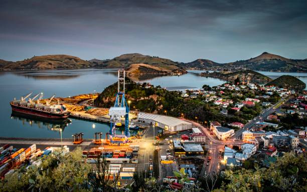 Shipping Port of Port Chalmers, Dunedin, Otago at nighttime Shipping Port of Port Chalmers, Dunedin, Otago at nighttime dunedin new zealand stock pictures, royalty-free photos & images
