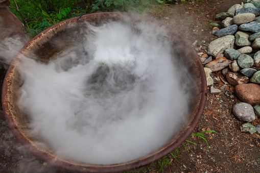 A large pot or pan over a fire while preparing a potion or meal, evaporating a large amount of steam while boiling water. Mystical occult worship of the devil with sacrifice.