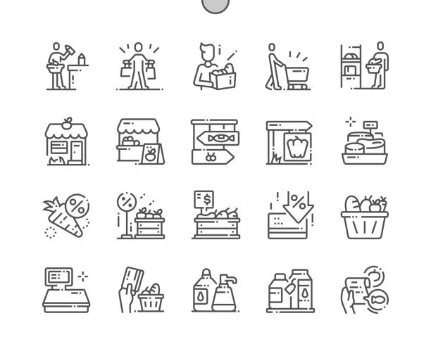 lebensmittel gut gemacht pixel perfect vector thin line icons 30 2x grid für web-grafiken und apps. einfaches minimal piktogramm - food bread groceries basket stock-grafiken, -clipart, -cartoons und -symbole