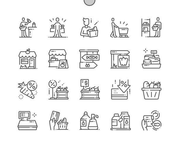 ilustrações de stock, clip art, desenhos animados e ícones de grocery well-crafted pixel perfect vector thin line icons 30 2x grid for web graphics and apps. simple minimal pictogram - food shopping