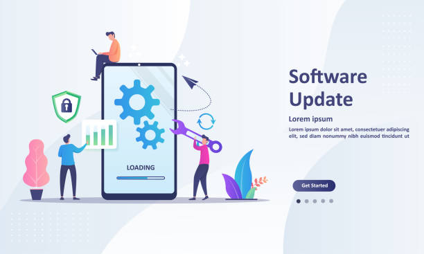 システム更新プログラムの改善の変更新しいバージョン。ユーザー文字を使用した更新プロセスのインストール web ランディング ページ、ui、モバイル アプリ、バナー テンプレートに適して - order repairing change telephone点のイラスト素材／クリップアート素材／マンガ素材／アイコン素材