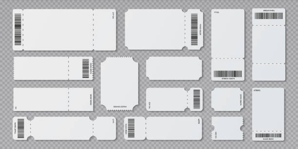 ilustrações de stock, clip art, desenhos animados e ícones de empty ticket template. concert movie theater and boarding blank white tickets, lottery coupons with ruffle edges. vector isolated set - concert