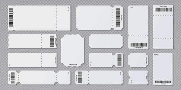 Empty ticket template. Concert movie theater and boarding blank white tickets, lottery coupons with ruffle edges. Vector isolated modern coupon set for travelling festival airplane