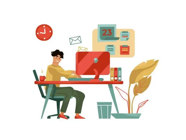 Vector illustration of 1905.m30.i210.n009.F.c06.1082119655 Character working at computer. Trendy modern scene with creative man with laptop at home or cafe. Vector cartoon happy designer