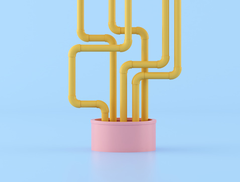 Desordenado de tuberías de agua amarillas salen de tubería rosa, mínimo, idea del sistema, renderizado 3D. photo