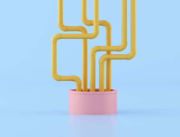 Messy of yellow water pipes come out from pink pipe,minimal, system idea, 3D rendering.