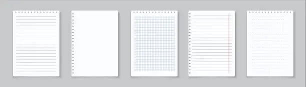 Vector illustration of Realistic lined notepapers. Blank gridded notebook papers for homework and exercises. Vector paper sheets with lines and squares