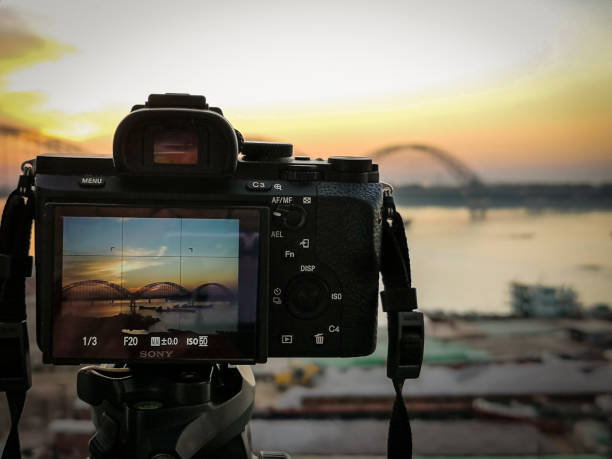 Mandalay/Myanmar-January 12, 2019: Sony A7 series mirrorless camera set up on tripod for landscape photography during twilight